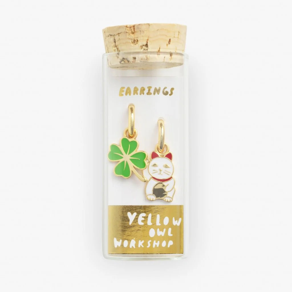 Lucky Cat & Clover Hoop Earrings 'Yellow Owl Workshop'