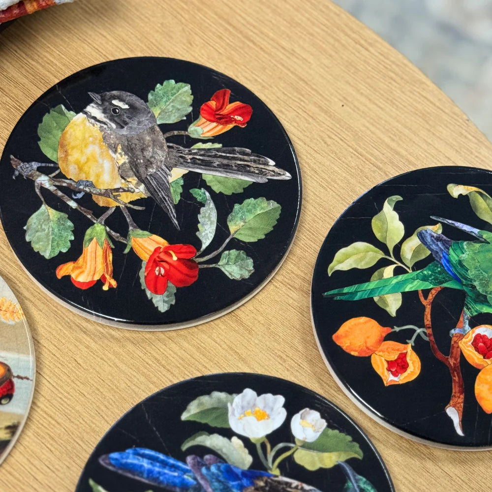 TANYA WOLFKAMP Coaster - Pietra Dura - Fantail Round coaster with a bird and floral design