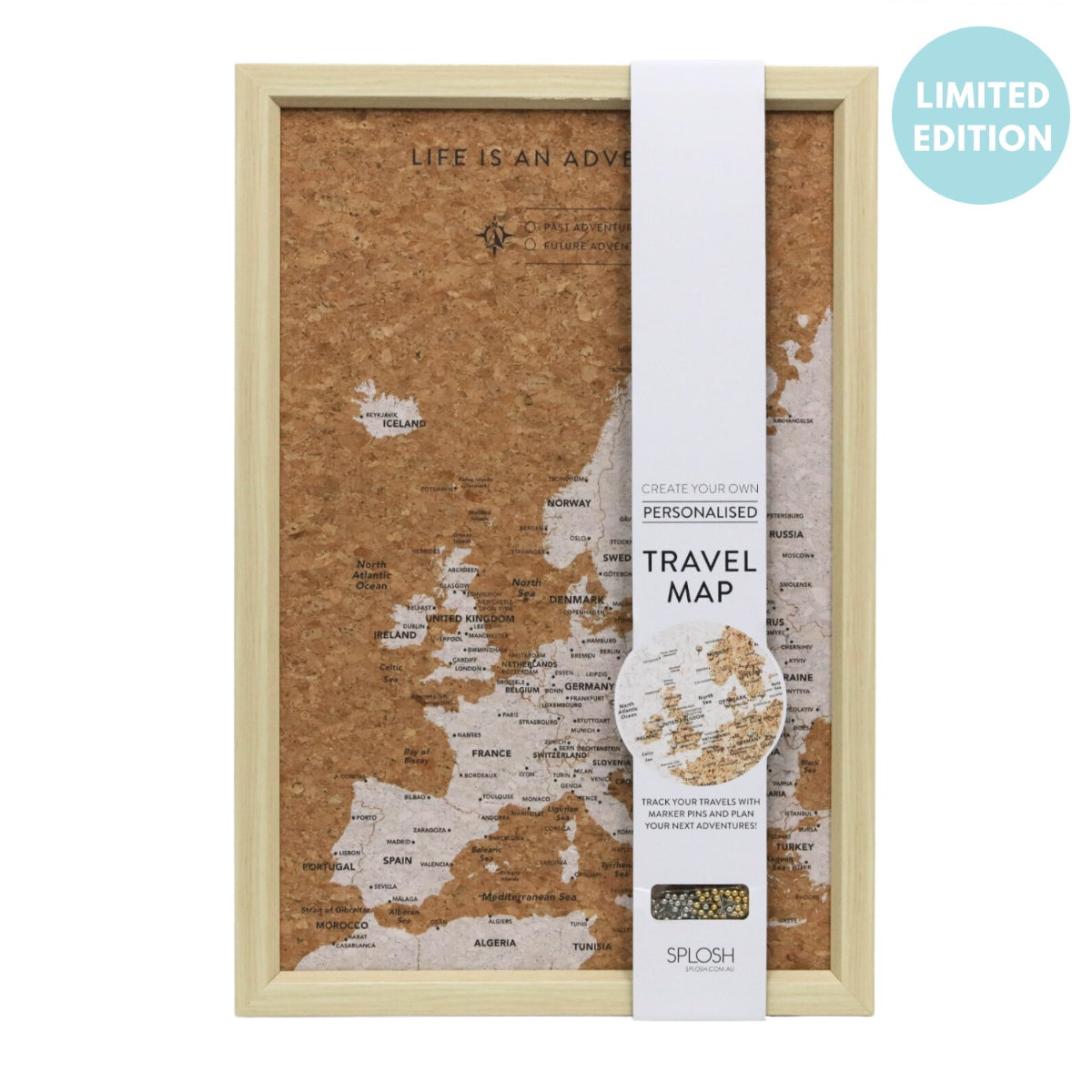 Splosh Limited Edition Travel Board Europe Small Map Cork travel map with wooden frame