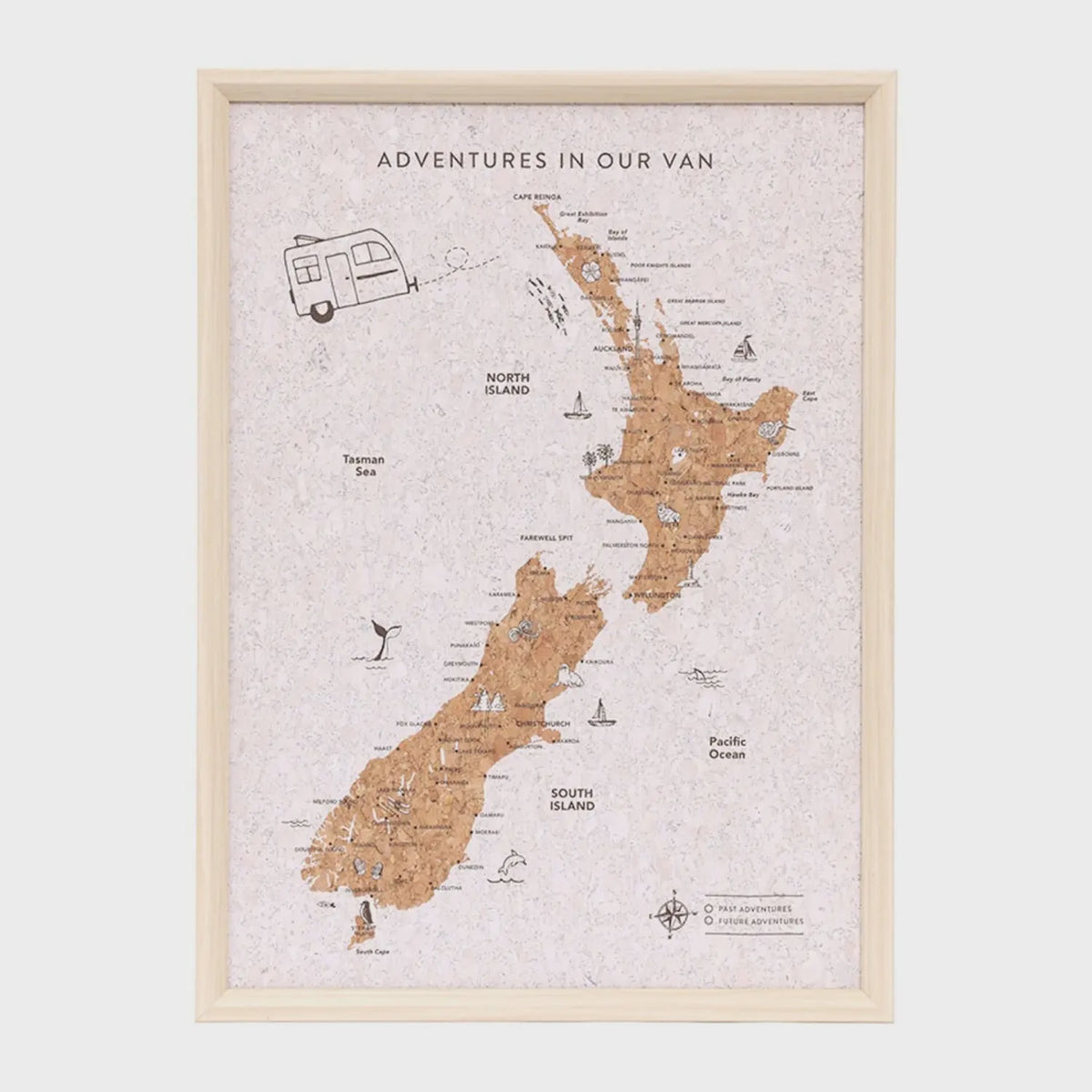 Splosh Caravan New Zealand Map Framed map of New Zealand with 'Adventures in Our Van' text and a caravan illustration.