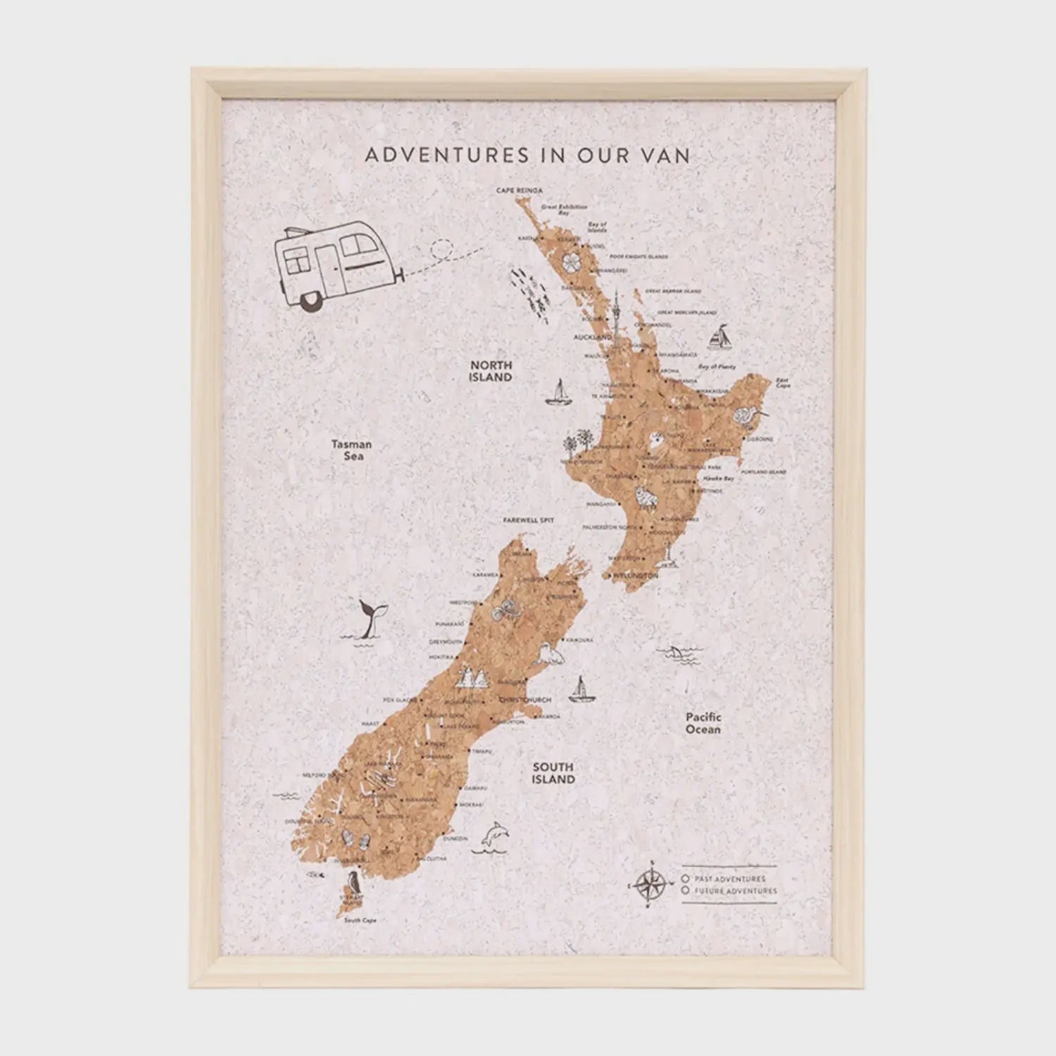 Splosh Caravan New Zealand Map Framed map of New Zealand with 'Adventures in Our Van' text and a caravan illustration.