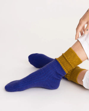 nooan Dunedin Possum Merino Wool Socks - Royal Blue + Ecru Olive